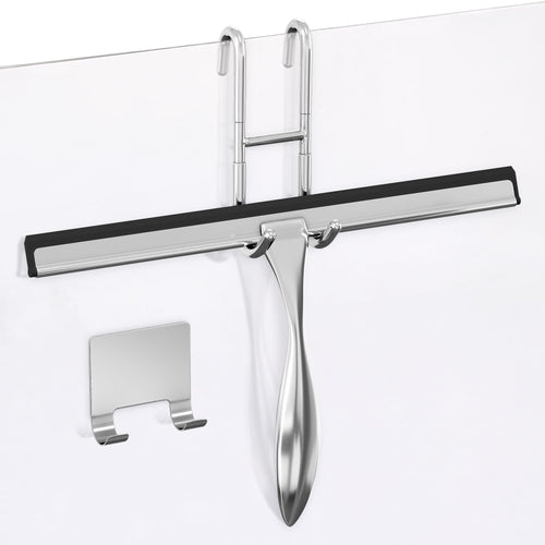 12" Silver Shower Door Squeegee - Stainless Steel Shower Squeegee for Streak-Free Bathroom Glass with Silicone Blade, Adhesive & Hanging Hooks for Mirror, Tile, Window, Car, Multi-Surface Everyday Use