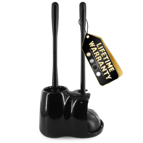 2-in-1 Black Toilet Brush and Plunger Set with Holder – Compact Bathroom Cleaning Combo, Strong Rubber Plunger & Stiff Bristle Brush, Space-Saving Stand, Fits Most Standard Toilets, 9.3×6.3×15.2 inch