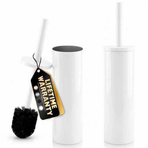 Stainless Steel Toilet Brush and Holder Set White - Long Handle Toilet Bowl Cleaner Brush and Holder - Removable Inner Liner, Shiny Design, Splash Protection & Dense Bristles for Bathroom Cleaning