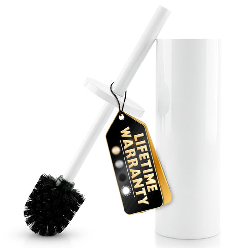 Stainless Steel Toilet Brush and Holder Set White - Long Handle Toilet Bowl Cleaner Brush and Holder - Removable Inner Liner, Shiny Design, Splash Protection & Dense Bristles for Bathroom Cleaning