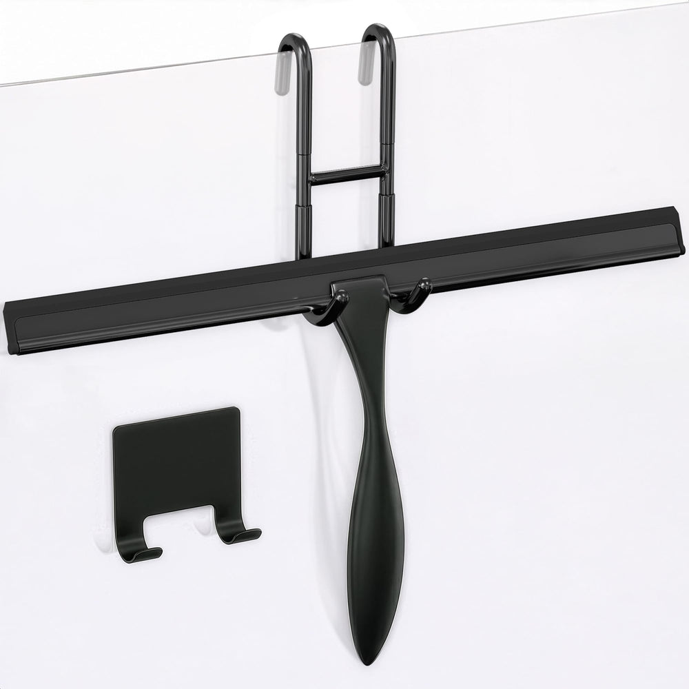 14 Inch Shower Door Squeegee - Black Shower Squeegee for Streak-Free Bathroom Glass - Stainless Steel Cleaner with Silicone Blade, Adhesive & Hanging Hooks for Mirror, Tile, Window, Car, Everyday Use