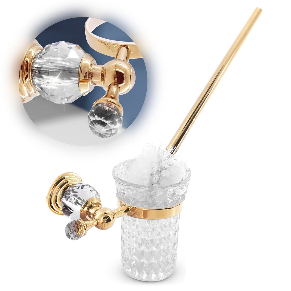 Gold Stainless Steel Toilet Brush with Crystal Toilet Brush Holder Set – Wall Mounted Holder, Replaceable Head, Decorative Space-Saving Design Bathroom Toilet Accessory Elegant Toilet Bowl Cleaner Set