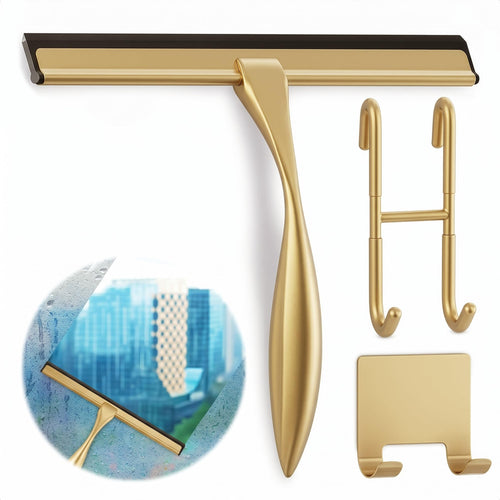 10 Inch Shower Door Squeegee - Gold Squeegee for Shower Glass with Stainless Steel Body, Silicone Blade, Adhesive & Hanging Hooks for Streak-Free Mirror, Tile, Window, Bathroom, Car, Everyday Home Use