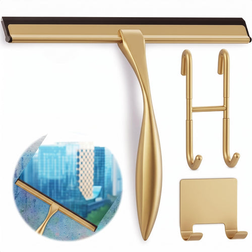 14 Inch Shower Door Squeegee - Gold Squeegee for Shower Glass with Stainless Steel Body, Silicone Blade, Adhesive & Hanging Hooks for Streak-Free Mirror, Tile, Window, Bathroom, Car, Everyday Home Use