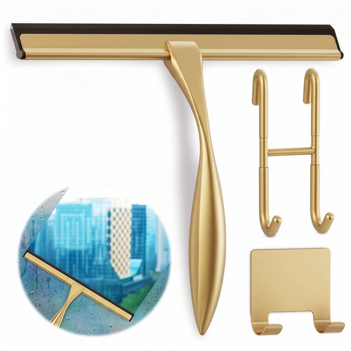 12 Inch Shower Door Squeegee - Gold Squeegee for Shower Glass with Stainless Steel Body, Silicone Blade, Adhesive & Hanging Hooks for Streak-Free Mirror, Tile, Window, Bathroom, Car, Everyday Home Use