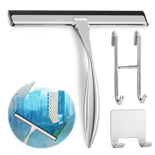 10" Silver Shower Door Squeegee - Stainless Steel Shower Squeegee for Streak-Free Bathroom Glass with Silicone Blade, Adhesive & Hanging Hooks for Mirror, Tile, Window, Car, Multi-Surface Everyday Use