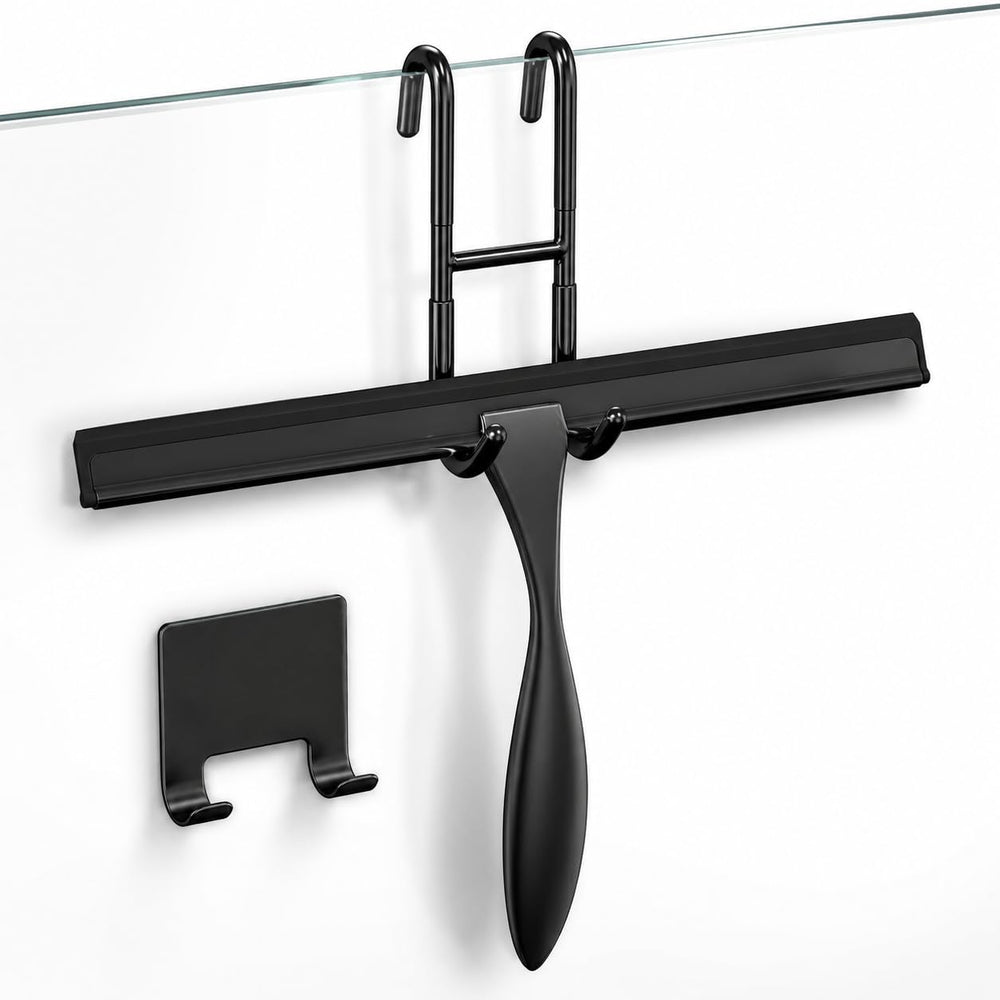 10 Inch Shower Door Squeegee - Black Shower Squeegee for Streak-Free Bathroom Glass - Stainless Steel Cleaner with Silicone Blade, Adhesive & Hanging Hooks for Mirror, Tile, Window, Car, Everyday Use