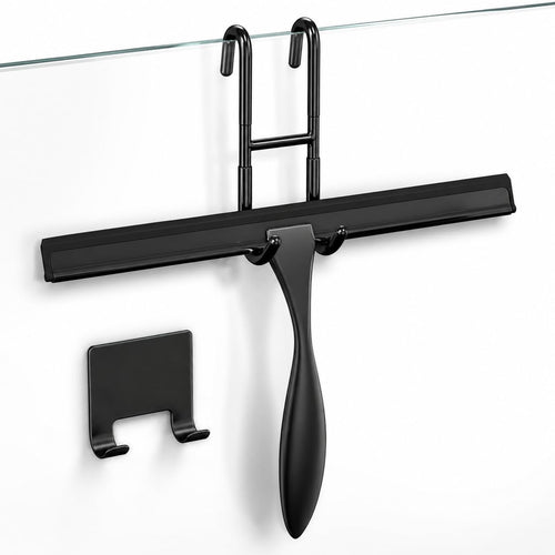 10 Inch Shower Door Squeegee - Black Shower Squeegee for Streak-Free Bathroom Glass - Stainless Steel Cleaner with Silicone Blade, Adhesive & Hanging Hooks for Mirror, Tile, Window, Car, Everyday Use