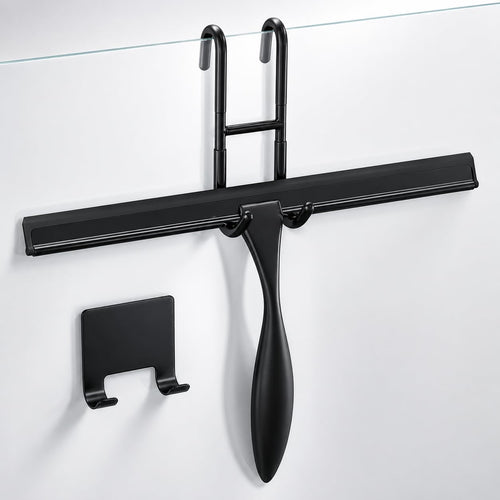 12 Inch Shower Door Squeegee - Black Shower Squeegee for Streak-Free Bathroom Glass - Stainless Steel Cleaner with Silicone Blade, Adhesive & Hanging Hooks for Mirror, Tile, Window, Car, Everyday Use