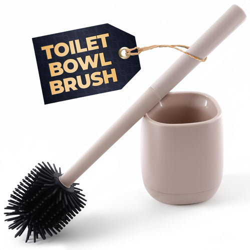 Silicone Toilet Brush and Holder Set - Cream RV Toilet Brush with Holder, Flexible Head, Soft Bristles, Detachable Handle and Freestanding Base, Compact Bathroom Cleaning Tool with Minimalistic Design