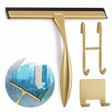 10 Inch Shower Door Squeegee - Gold Squeegee for Shower Glass with Stainless Steel Body, Silicone Blade, Adhesive & Hanging Hooks for Streak-Free Mirror, Tile, Window, Bathroom, Car, Everyday Home Use