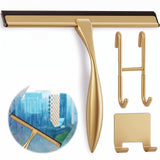14 Inch Shower Door Squeegee - Gold Squeegee for Shower Glass with Stainless Steel Body, Silicone Blade, Adhesive & Hanging Hooks for Streak-Free Mirror, Tile, Window, Bathroom, Car, Everyday Home Use
