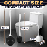 2 in 1 Toilet Plunger and Brush Set White - Toilet Brush and Plunger Set White with Stiff Bristles, Strong Vacuum Suction and Holder - Space-Saving Stand, Fits Most Standard Toilets, 9.3×6.3×15.2 inch