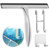 14" Silver Shower Door Squeegee - Stainless Steel Shower Squeegee for Streak-Free Bathroom Glass with Silicone Blade, Adhesive & Hanging Hooks for Mirror, Tile, Window, Car, Multi-Surface Everyday Use