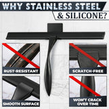14 Inch Shower Door Squeegee - Black Shower Squeegee for Streak-Free Bathroom Glass - Stainless Steel Cleaner with Silicone Blade, Adhesive & Hanging Hooks for Mirror, Tile, Window, Car, Everyday Use
