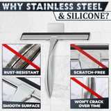 10" Silver Shower Door Squeegee - Stainless Steel Shower Squeegee for Streak-Free Bathroom Glass with Silicone Blade, Adhesive & Hanging Hooks for Mirror, Tile, Window, Car, Multi-Surface Everyday Use