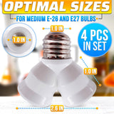 4Pcs Twin Light Bulb Splitter - CFL Double Light Socket Splitter Adapter, Dual E27 and E26 Lightbulb Outlet Holder for LED, Halogen & CFL Lamp - US Dual Lightbulb Socket Adapter with Ease Installation