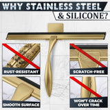 14 Inch Shower Door Squeegee - Gold Squeegee for Shower Glass with Stainless Steel Body, Silicone Blade, Adhesive & Hanging Hooks for Streak-Free Mirror, Tile, Window, Bathroom, Car, Everyday Home Use