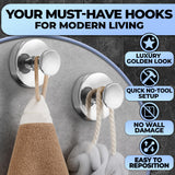 4 Pcs Suction Hooks for Shower Wall – Chrome Cup Hooks for Tile, Mirror, Kitchen, Glass – Easy to Mount, Supports up to 11Lbs, Removable, Rustproof - Suction Cup Shower Hook for Robe, Towel, Loofah