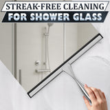12" Silver Shower Door Squeegee - Stainless Steel Shower Squeegee for Streak-Free Bathroom Glass with Silicone Blade, Adhesive & Hanging Hooks for Mirror, Tile, Window, Car, Multi-Surface Everyday Use