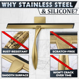 12 Inch Shower Door Squeegee - Gold Squeegee for Shower Glass with Stainless Steel Body, Silicone Blade, Adhesive & Hanging Hooks for Streak-Free Mirror, Tile, Window, Bathroom, Car, Everyday Home Use