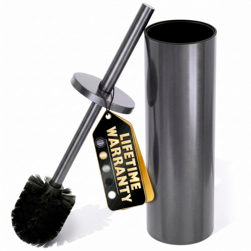 Graphite Metallic Stainless Steel Toilet Brush and Holder Set - Toilet Bowl Brush and Holder with Splash Cover, Sturdy Bristles, Corrosion & Scratch Resistant - Elegant Design, Effective Deep Cleaning