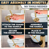Gold Toilet Brush with Square Holder - Toilet Brush and Holder Set Gold, Stainless Steel Handle with Splash Shield, Replaceable Head and Removable Inner Cup - Freestanding Bathroom Toilet Cleaning Set