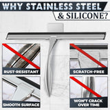 14" Silver Shower Door Squeegee - Stainless Steel Shower Squeegee for Streak-Free Bathroom Glass with Silicone Blade, Adhesive & Hanging Hooks for Mirror, Tile, Window, Car, Multi-Surface Everyday Use