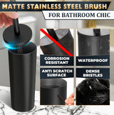 Matte Black Toilet Brush and Holder Set - Stainless Steel Toilet Brush with Holder, Removable Inner Bowl, Replaceable Head, Anti-Splash Guard and Flexible Bristles for Effective Bathroom Cleaning