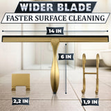 14 Inch Shower Door Squeegee - Gold Squeegee for Shower Glass with Stainless Steel Body, Silicone Blade, Adhesive & Hanging Hooks for Streak-Free Mirror, Tile, Window, Bathroom, Car, Everyday Home Use