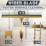 12 Inch Shower Door Squeegee - Gold Squeegee for Shower Glass with Stainless Steel Body, Silicone Blade, Adhesive & Hanging Hooks for Streak-Free Mirror, Tile, Window, Bathroom, Car, Everyday Home Use