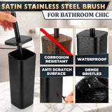 Black Toilet Brush with Square Stainless Steel Holder - Freestanding Toilet Brush and Holder Set Black - Removable Plastic Inner Cup, Splash Guard Cover, Replaceable Head, Corrosion Resistant Finish