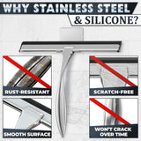 12" Silver Shower Door Squeegee - Stainless Steel Shower Squeegee for Streak-Free Bathroom Glass with Silicone Blade, Adhesive & Hanging Hooks for Mirror, Tile, Window, Car, Multi-Surface Everyday Use