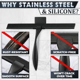 12 Inch Shower Door Squeegee - Black Shower Squeegee for Streak-Free Bathroom Glass - Stainless Steel Cleaner with Silicone Blade, Adhesive & Hanging Hooks for Mirror, Tile, Window, Car, Everyday Use