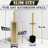 Gold Toilet Brush with Square Holder - Toilet Brush and Holder Set Gold, Stainless Steel Handle with Splash Shield, Replaceable Head and Removable Inner Cup - Freestanding Bathroom Toilet Cleaning Set