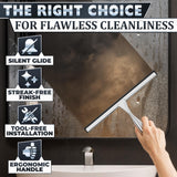 12" Silver Shower Door Squeegee - Stainless Steel Shower Squeegee for Streak-Free Bathroom Glass with Silicone Blade, Adhesive & Hanging Hooks for Mirror, Tile, Window, Car, Multi-Surface Everyday Use